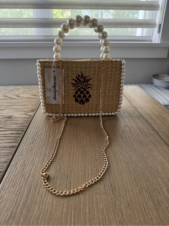 Tommy Bahama Handbags - Tommy Bahama Natural Straw Mini Bag with Pearl Handle & Gold Chain